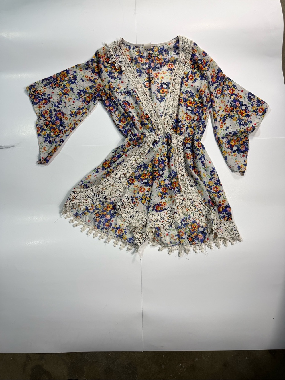 Floral Crochet Trim Boho Romper - multicolor sz small